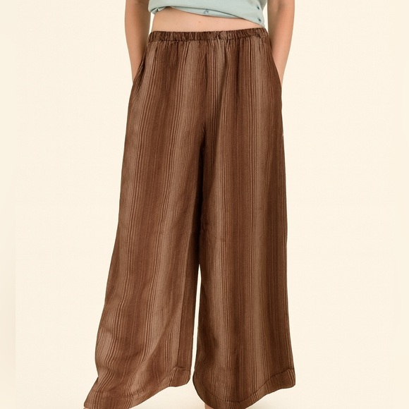 Brown Tan Wide Flare Stripe Leg Genie Palazzo Barrel Pull On Boho Artsy - Picture 1 of 10